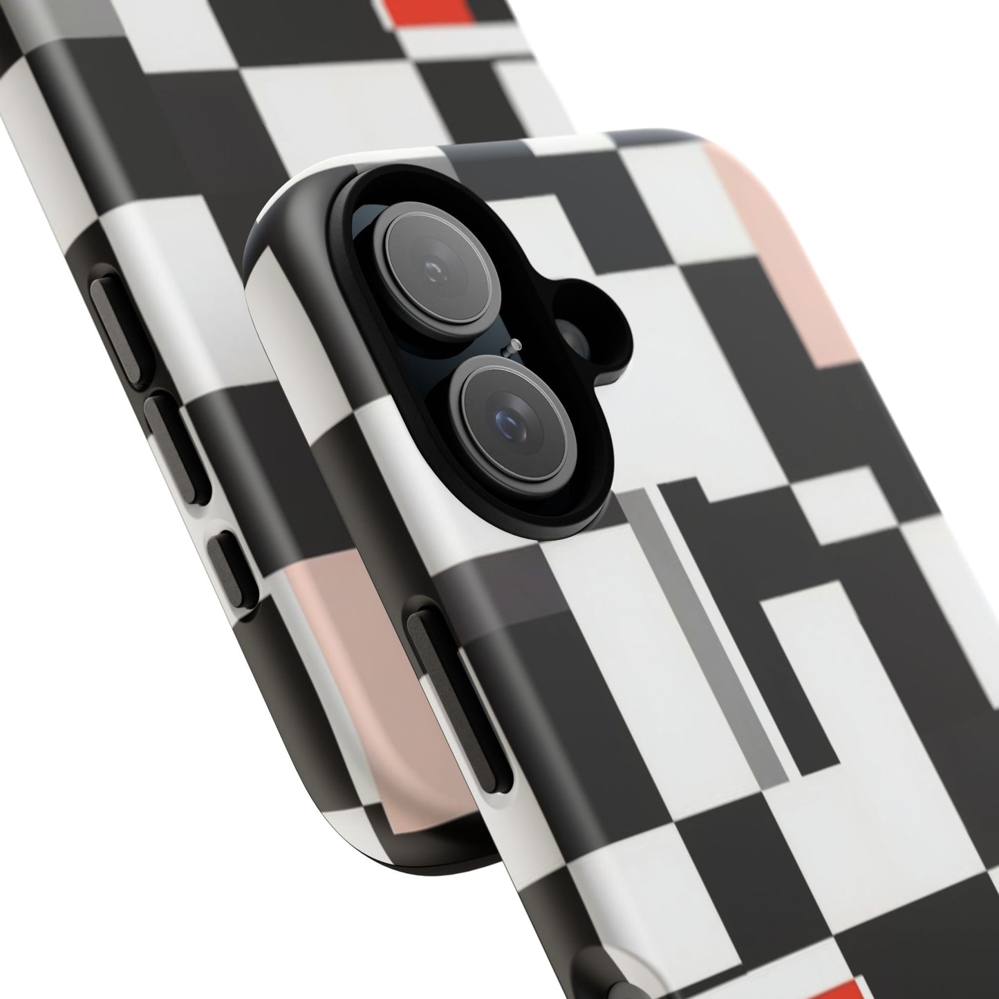 Abstract Geometric Phone Case – Black & White Checker Grid with Red Accent