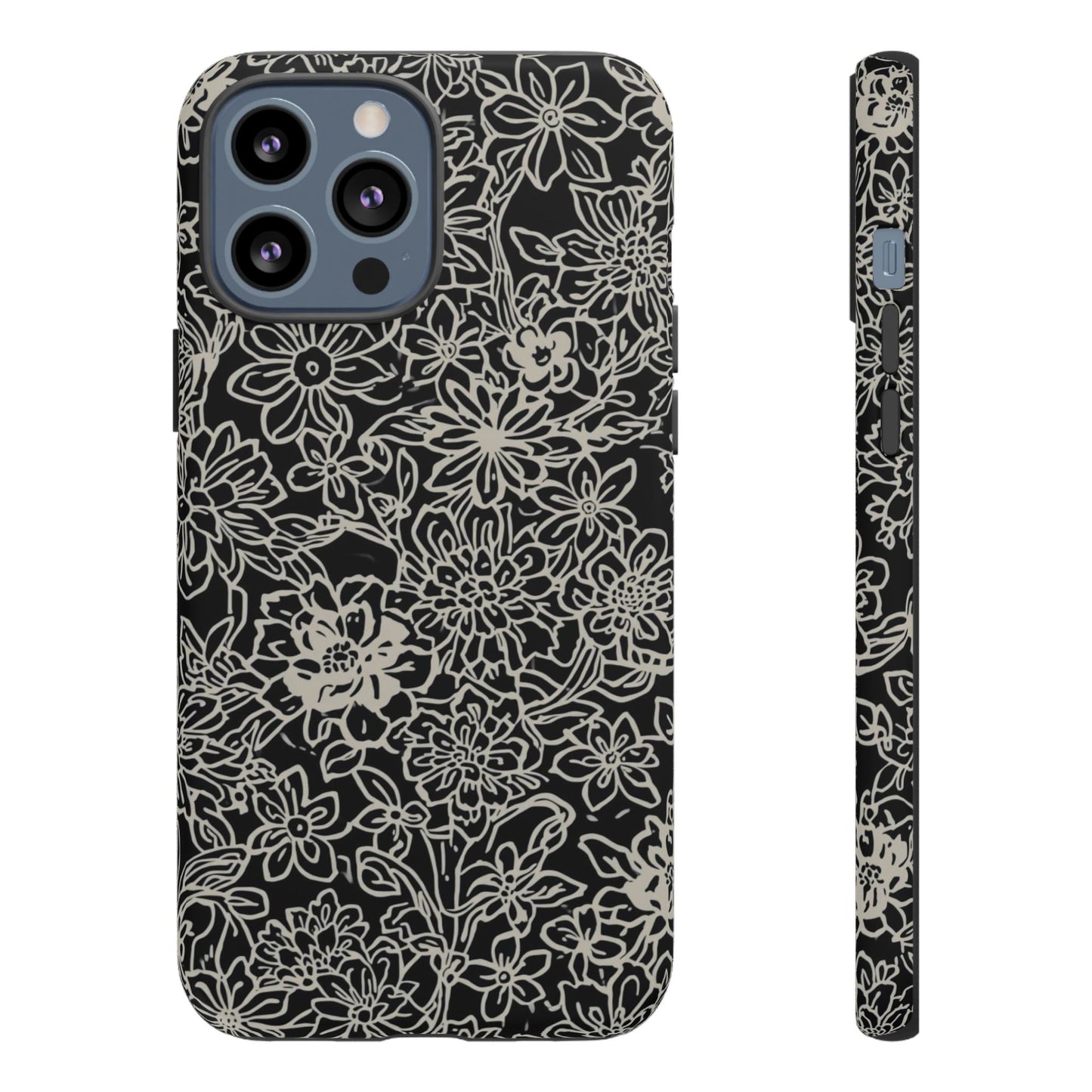 Floral Doodle Tough Phone Case — Black & White Sketch Flower Protective Cover