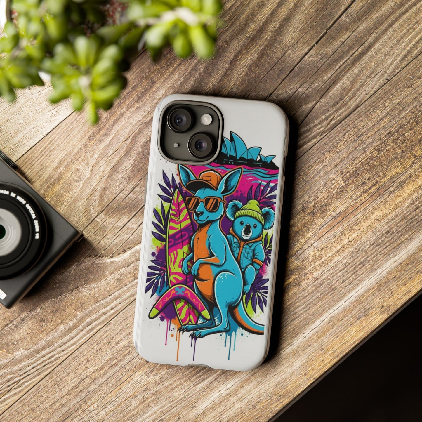 Kangaroo & Koala Surf Phone Case — Retro Neon Beach Art Tough Case
