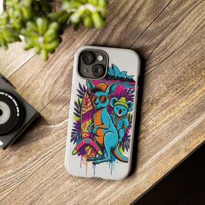 Kangaroo & Koala Surf Phone Case — Retro Neon Beach Art Tough Case