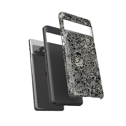 Floral Doodle Tough Phone Case — Black & White Sketch Flower Protective Cover