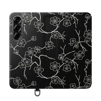 Black Cherry Blossom Flip Phone Case – Floral Wallet Flip Case with Card Slots