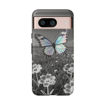 Butterfly Field Tough Phone Case — Pastel Holographic Butterfly on Black & White Floral Background