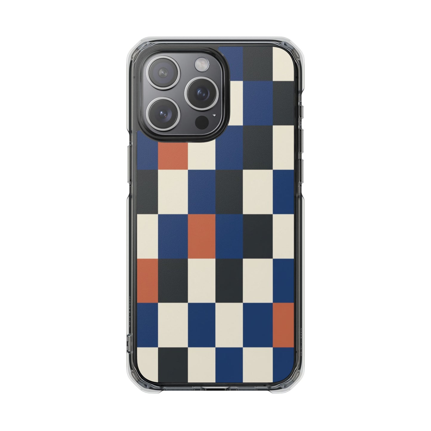 Clear Magnetic Phone Case — Retro Checkerboard Pattern (Blue, Black & Rust)