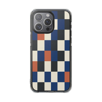 Clear Magnetic Phone Case — Retro Checkerboard Pattern (Blue, Black & Rust)