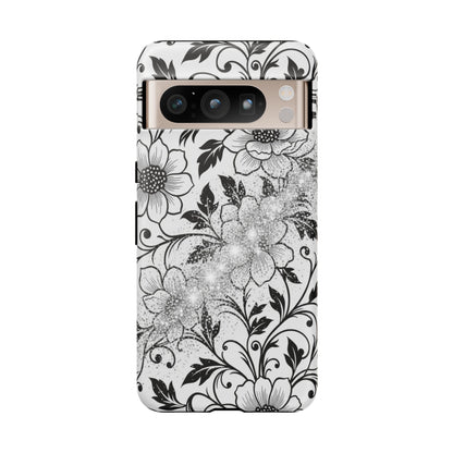 Floral Lace Phone Case — Black & White Vintage Flower Protective Case