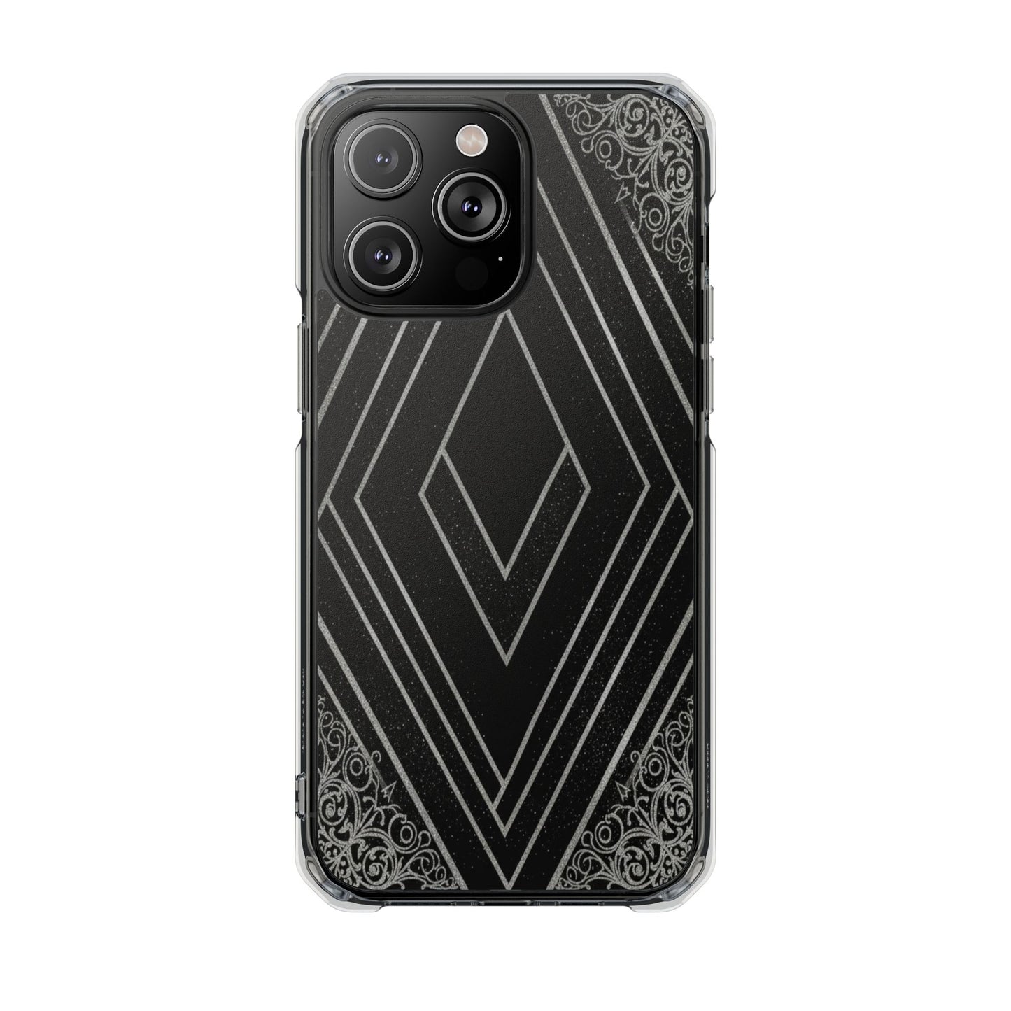 Clear Magnetic Phone Case — Geometric Diamond Pattern with Filigree Corners