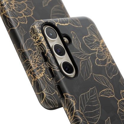 Floral Gold Outline Tough Phone Case – Black Botanical Protective Cover