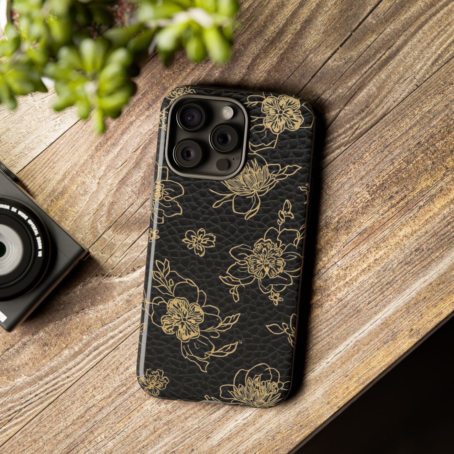 Floral Leather Phone Case — Gold Outline Flowers on Black Tough Case
