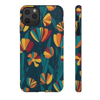 Floral Retro Teal Tough Phone Case — Vibrant Orange & Mustard Blooms