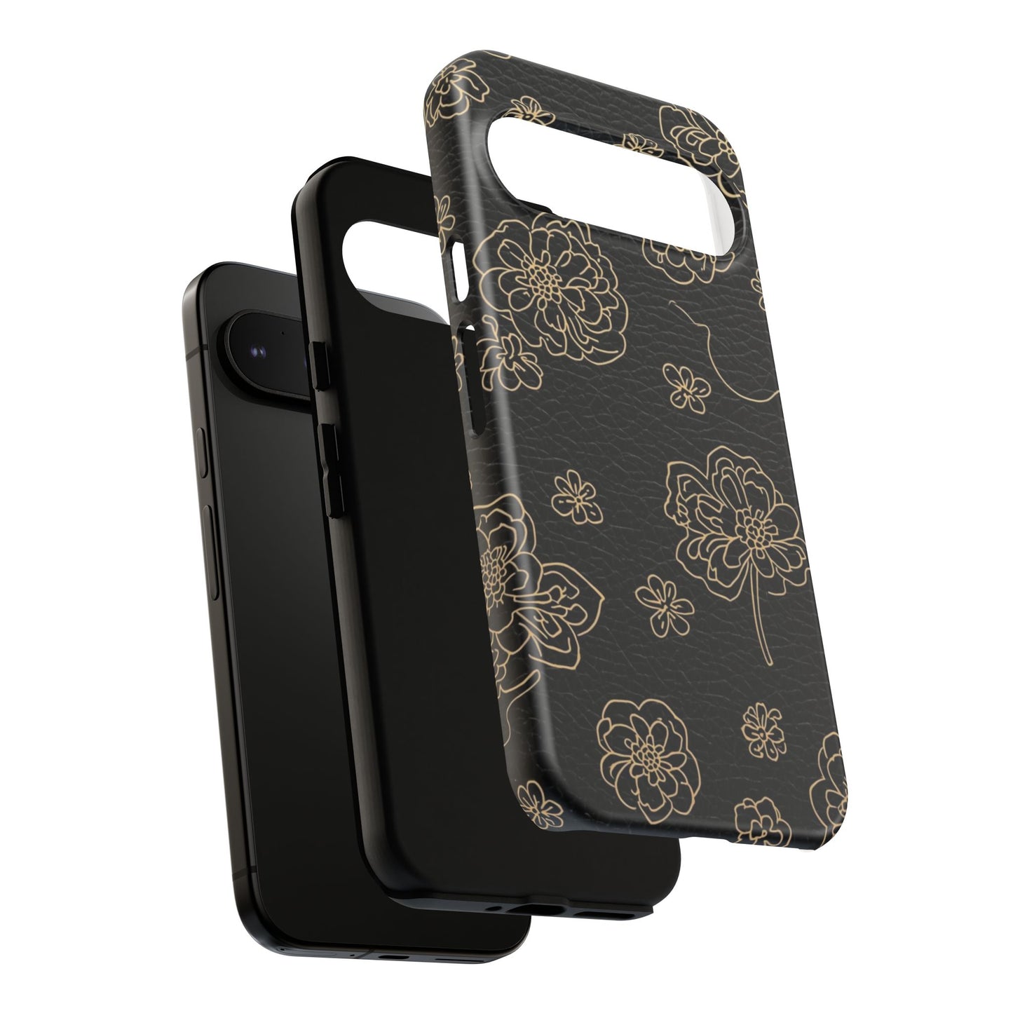 Floral Leather-Texture Tough Case – Black Gold Outline Phone Cover
