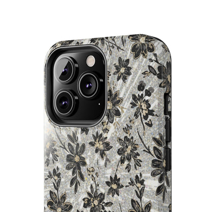 Floral Vintage Tough Phone Case — Black & Gray Rustic Flower Protective Case
