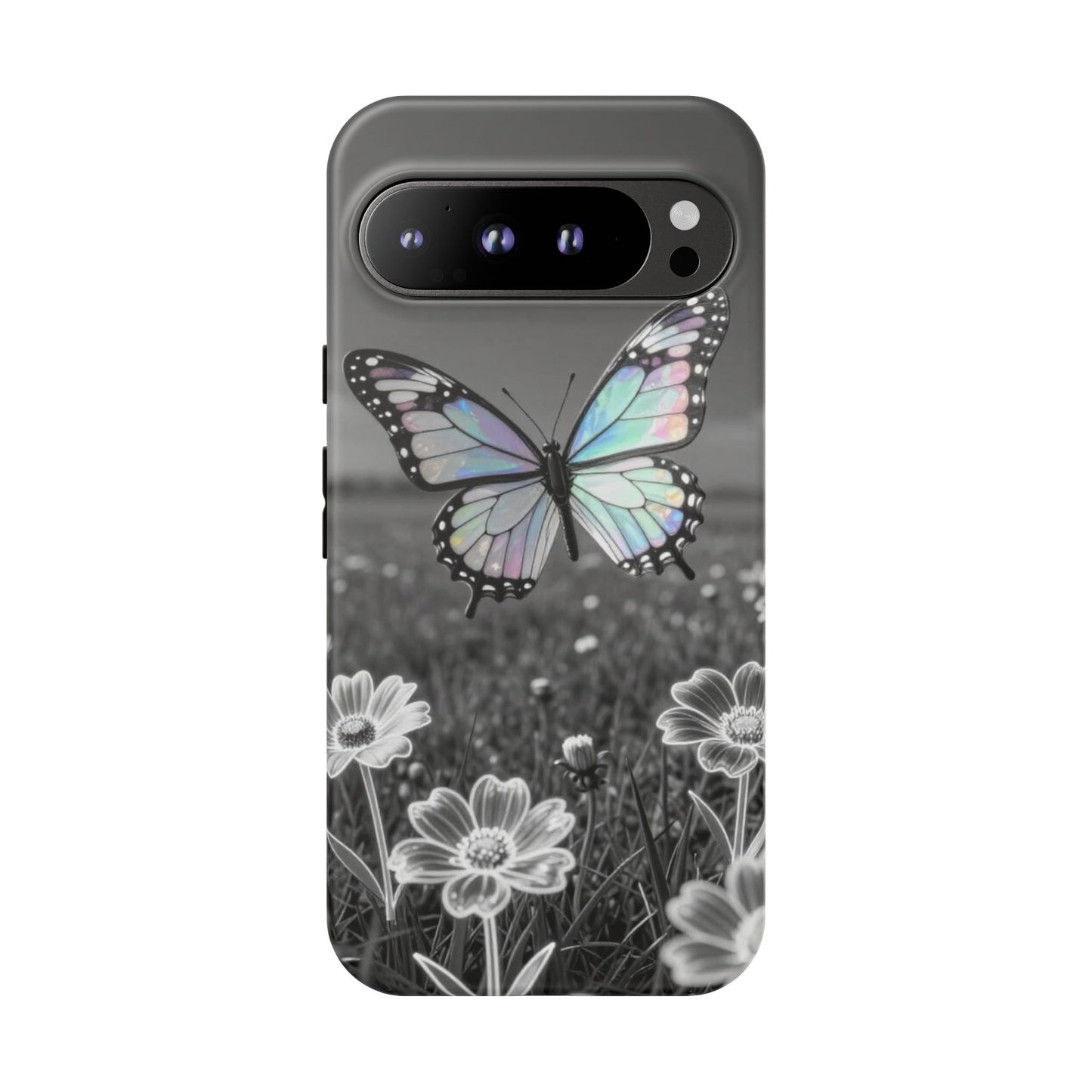 Butterfly Field Tough Phone Case — Pastel Holographic Butterfly on Black & White Floral Background