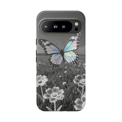 Butterfly Field Tough Phone Case — Pastel Holographic Butterfly on Black & White Floral Background