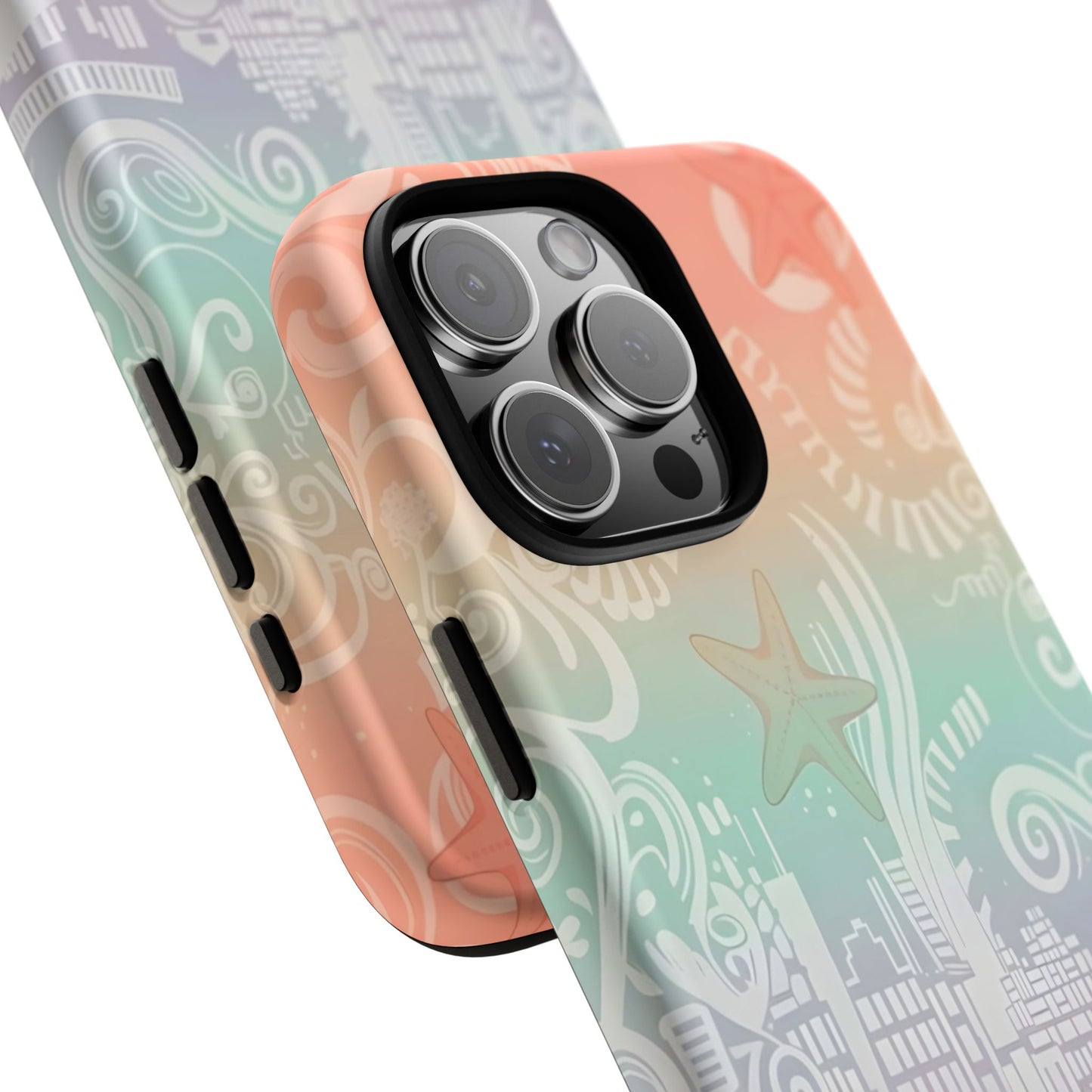 Tough Cases: Pastel Beach Pattern Phone Case — Starfish & Coastal Cityscape Protective Cover