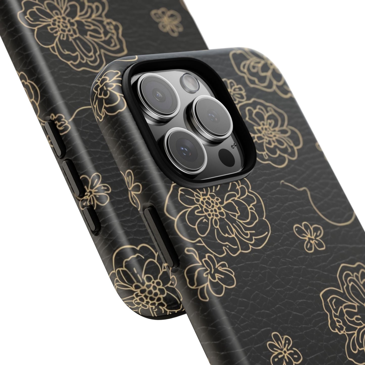 Floral Leather-Texture Tough Case – Black Gold Outline Phone Cover