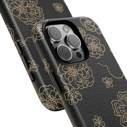 Floral Leather-Texture Tough Case – Black Gold Outline Phone Cover
