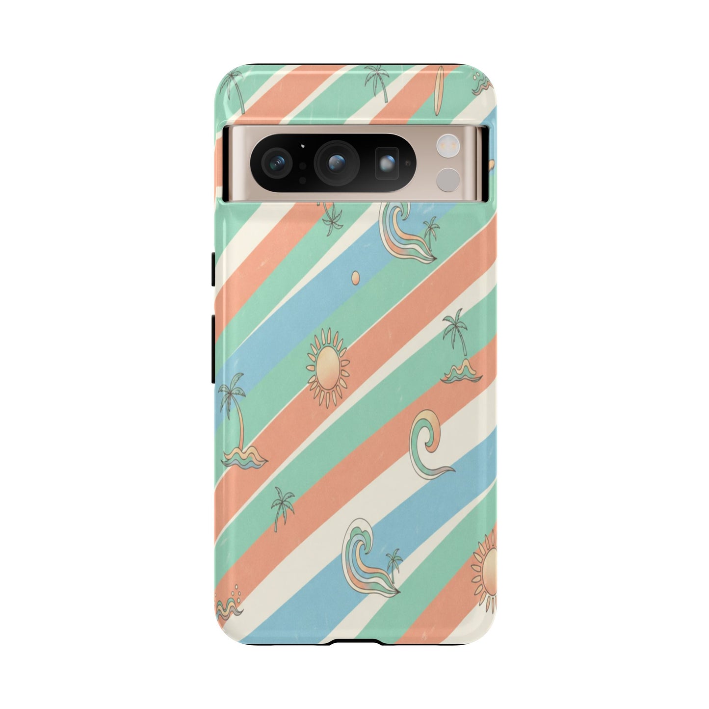Retro Beach Stripes Phone Case — Sun, Waves & Palm Pattern Tough Case