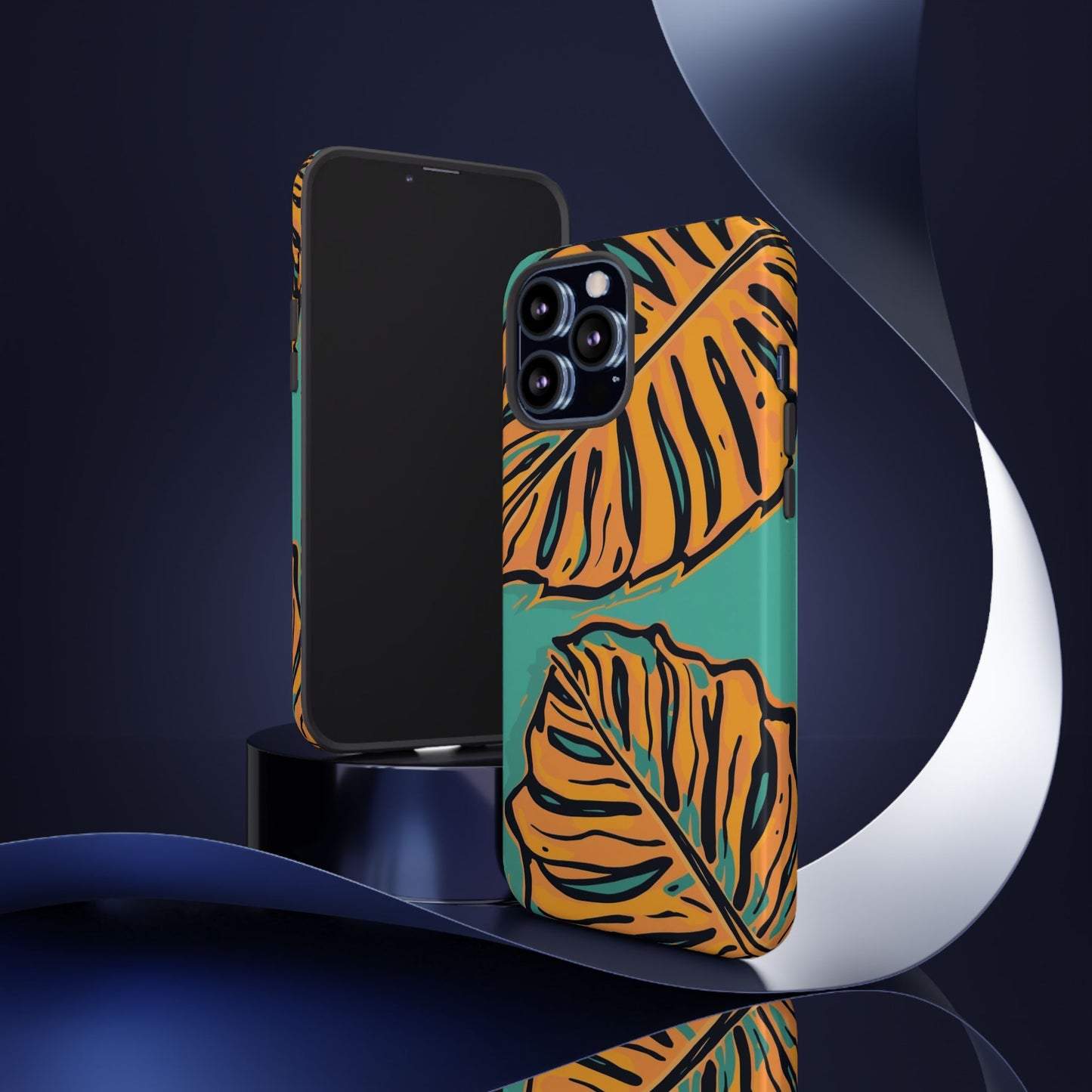 Tropical Leaf Tough Phone Case — Orange Monstera Design on Teal