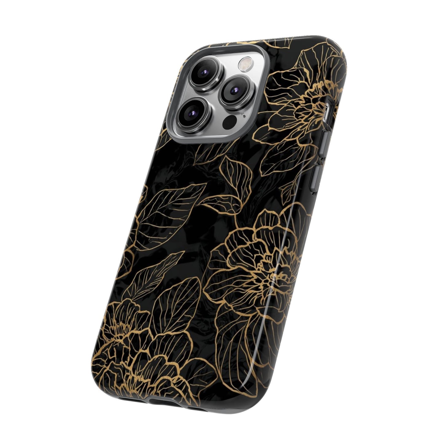 Floral Gold Outline Tough Phone Case – Black Botanical Protective Cover