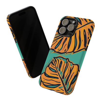 Tropical Leaf Tough Phone Case — Orange Monstera Design on Teal