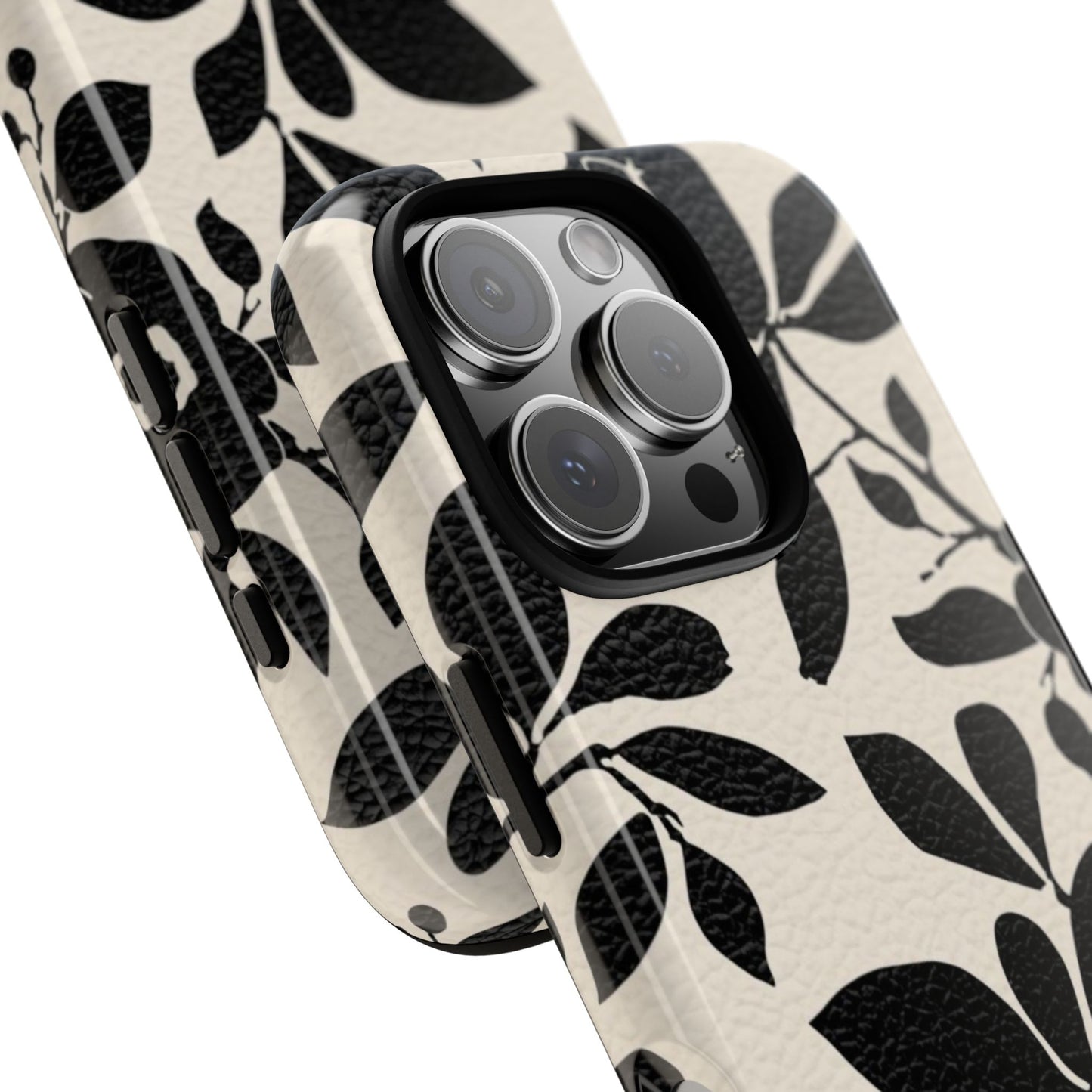 Black Floral Pattern Phone Case — Monochrome Botanical Tough Case