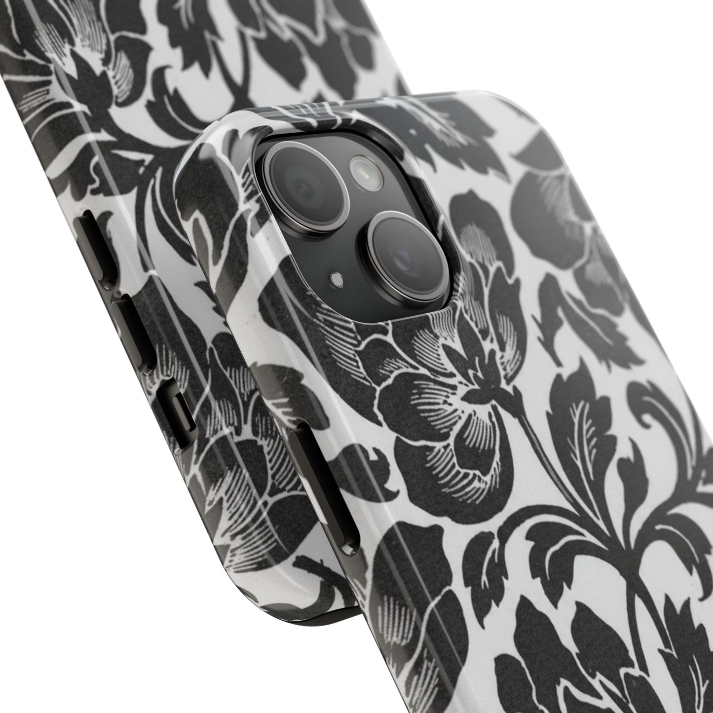 Tough Phone Case — Black & White Vintage Floral Protective Cover