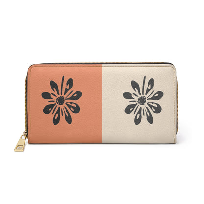 Floral Split-Color Zipper Wallet — Peach & Cream Daisy Design
