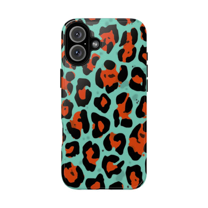Leopard Print Tough Phone Case — Teal & Rust Protective iPhone Cover