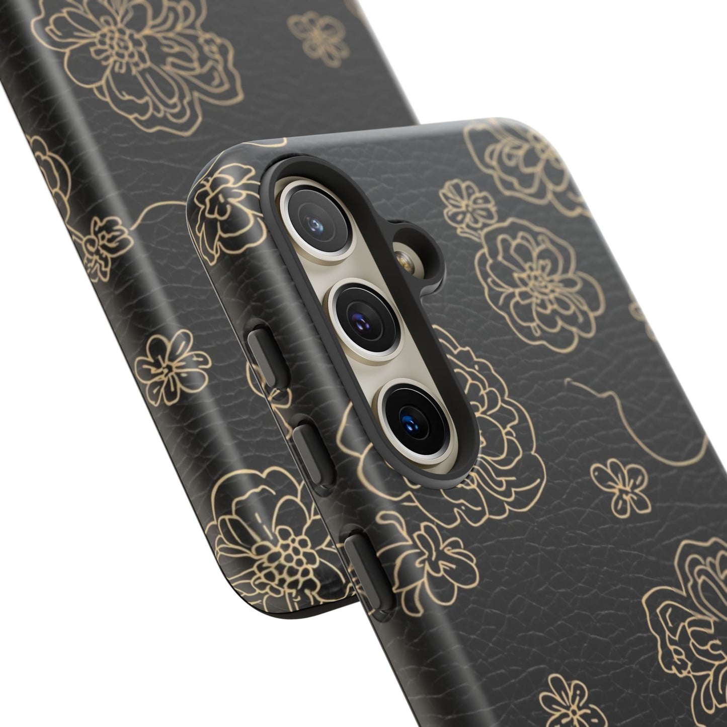 Floral Leather-Texture Tough Case – Black Gold Outline Phone Cover