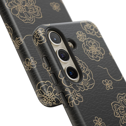 Floral Leather-Texture Tough Case – Black Gold Outline Phone Cover