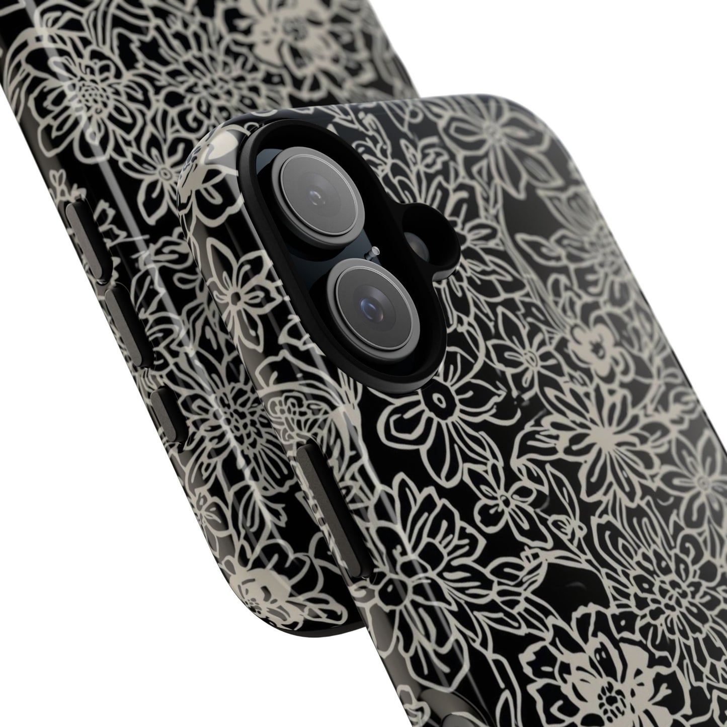 Floral Doodle Tough Phone Case — Black & White Sketch Flower Protective Cover