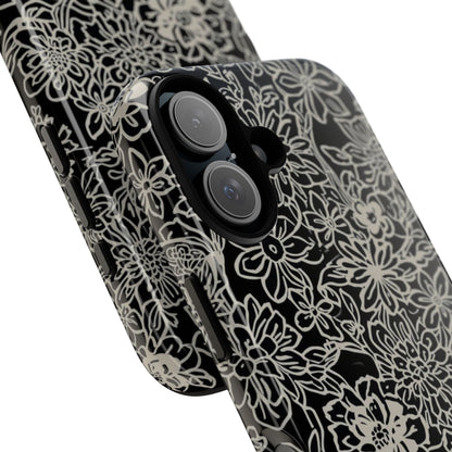 Floral Doodle Tough Phone Case — Black & White Sketch Flower Protective Cover