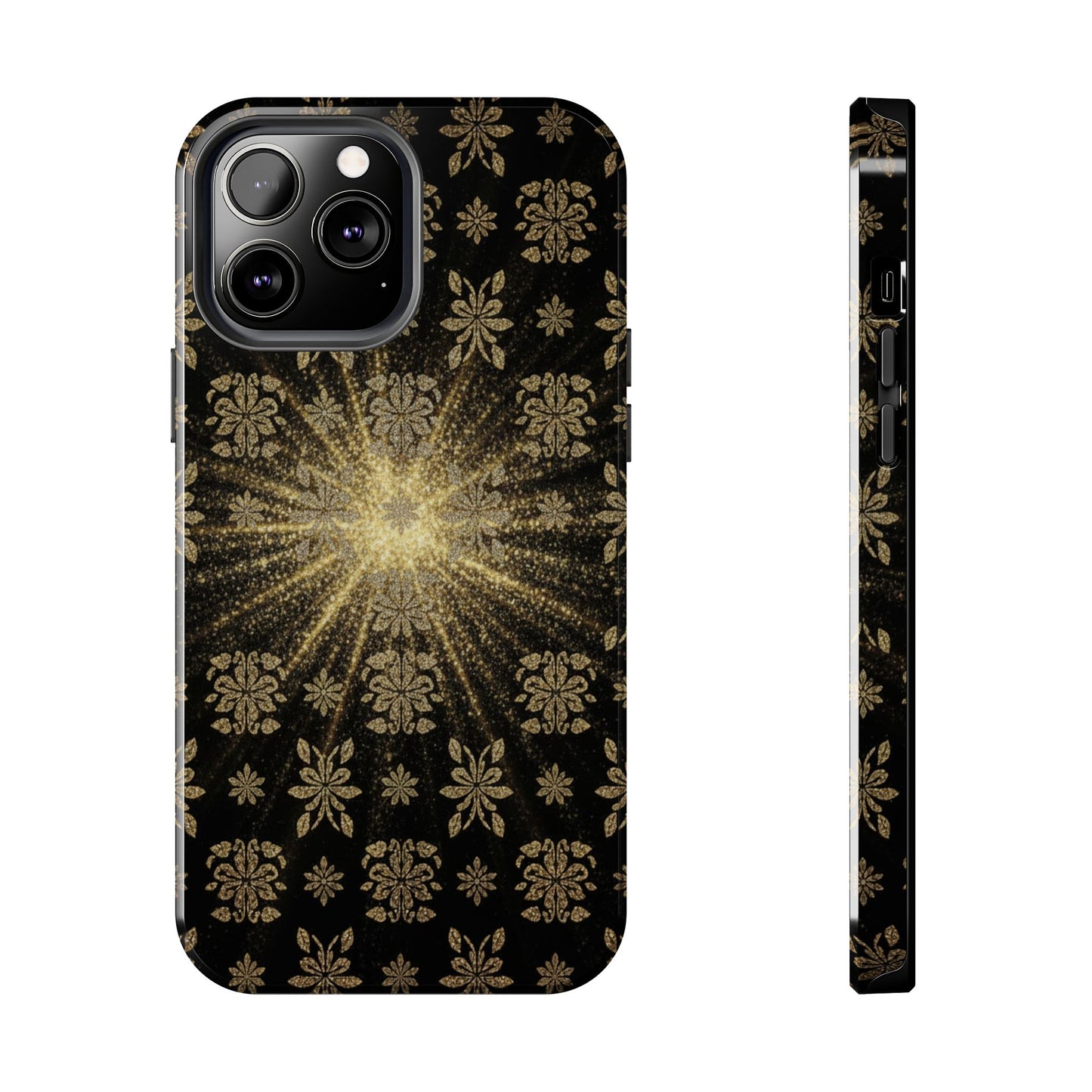 Glitter Burst Tough Phone Case — Black & Gold Floral Protective Cover