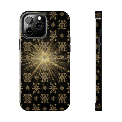 Glitter Burst Tough Phone Case — Black & Gold Floral Protective Cover