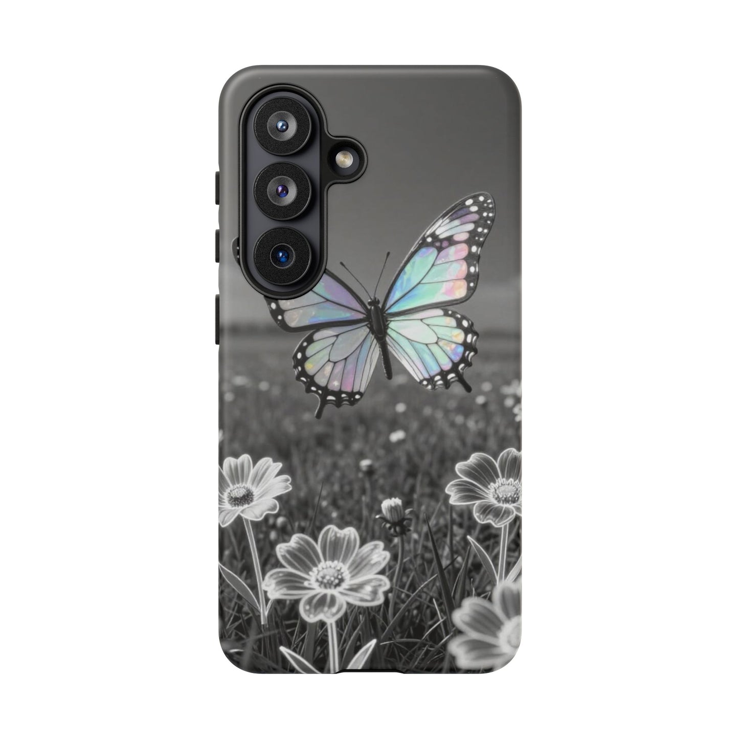 Butterfly Field Tough Phone Case — Pastel Holographic Butterfly on Black & White Floral Background