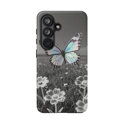 Butterfly Field Tough Phone Case — Pastel Holographic Butterfly on Black & White Floral Background