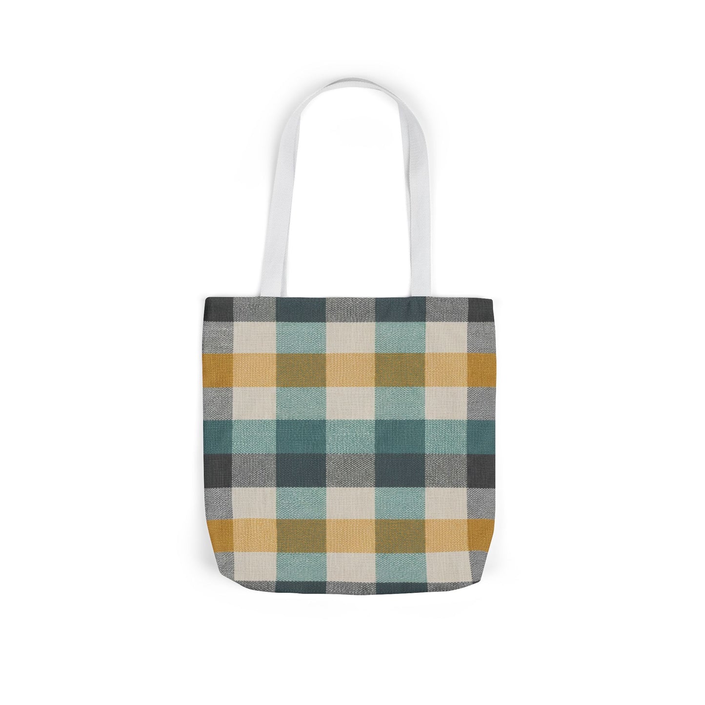 Plaid Canvas Tote Bag — Teal, Mustard & Charcoal Checkered Market Bag