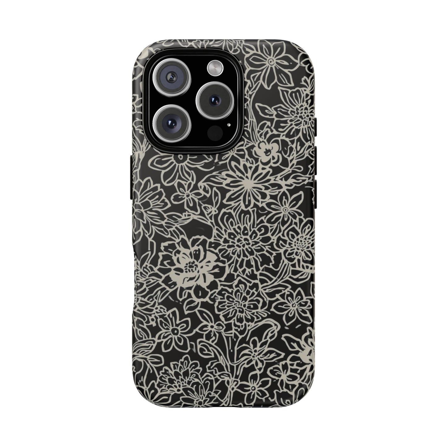 Floral Doodle Tough Phone Case — Black & White Sketch Flower Protective Cover