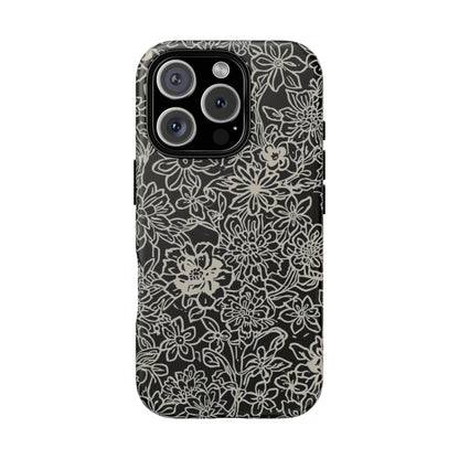 Floral Doodle Tough Phone Case — Black & White Sketch Flower Protective Cover