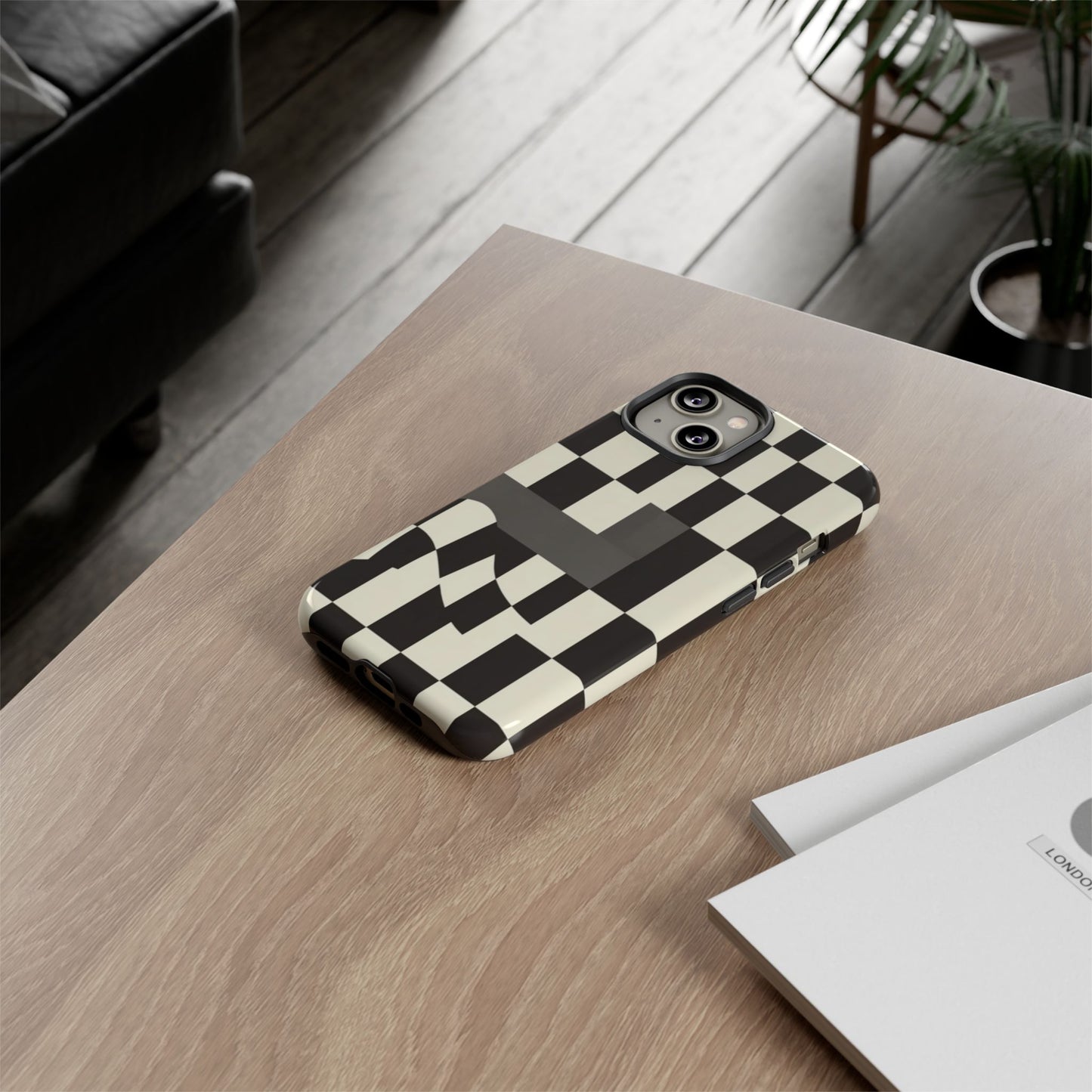 Checkerboard Wave Phone Case — Black & Cream Graphic Tough Case