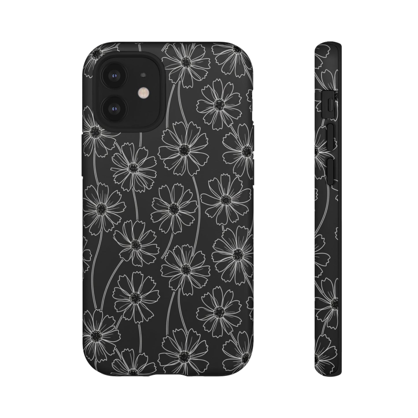 Floral Doodle Tough Phone Case — Black & Gray Daisy Pattern