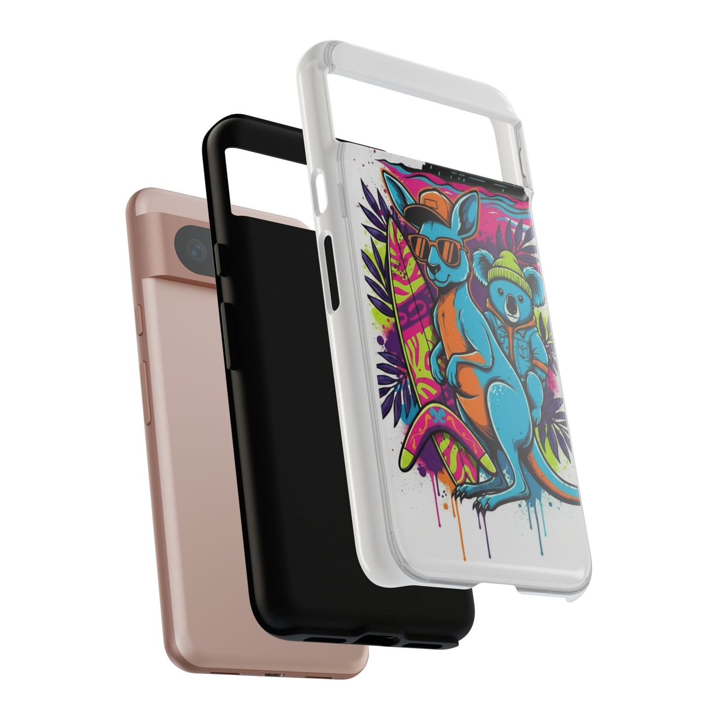 Kangaroo & Koala Surf Phone Case — Retro Neon Beach Art Tough Case