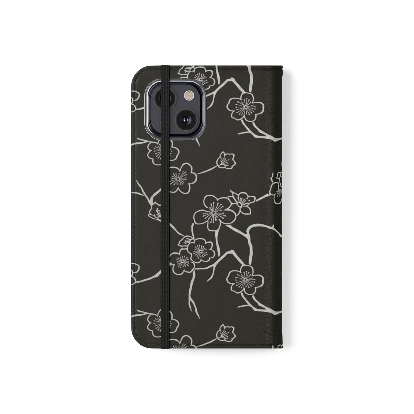 Black Cherry Blossom Flip Phone Case – Floral Wallet Flip Case with Card Slots