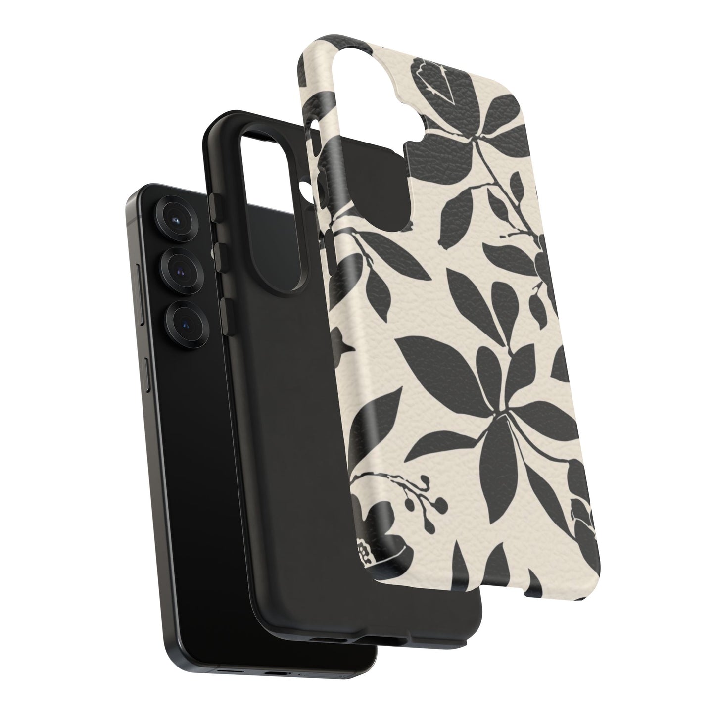 Black Floral Pattern Phone Case — Monochrome Botanical Tough Case