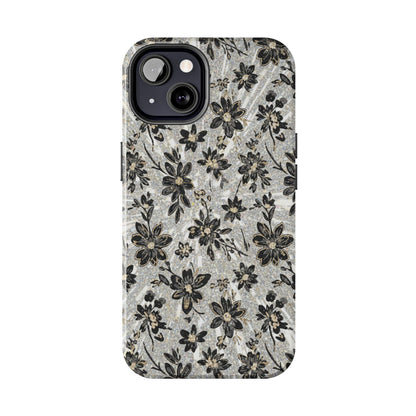 Floral Vintage Tough Phone Case — Black & Gray Rustic Flower Protective Case