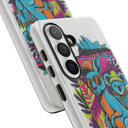 Kangaroo & Koala Surf Phone Case — Retro Neon Beach Art Tough Case
