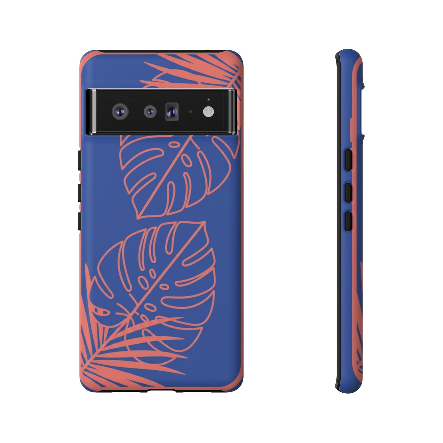 Tropical Monstera Phone Case — Blue & Coral Leaf Protective Cover