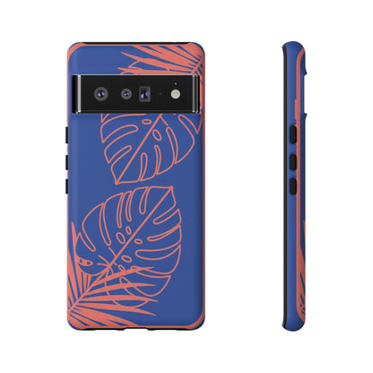 Tropical Monstera Phone Case — Blue & Coral Leaf Protective Cover
