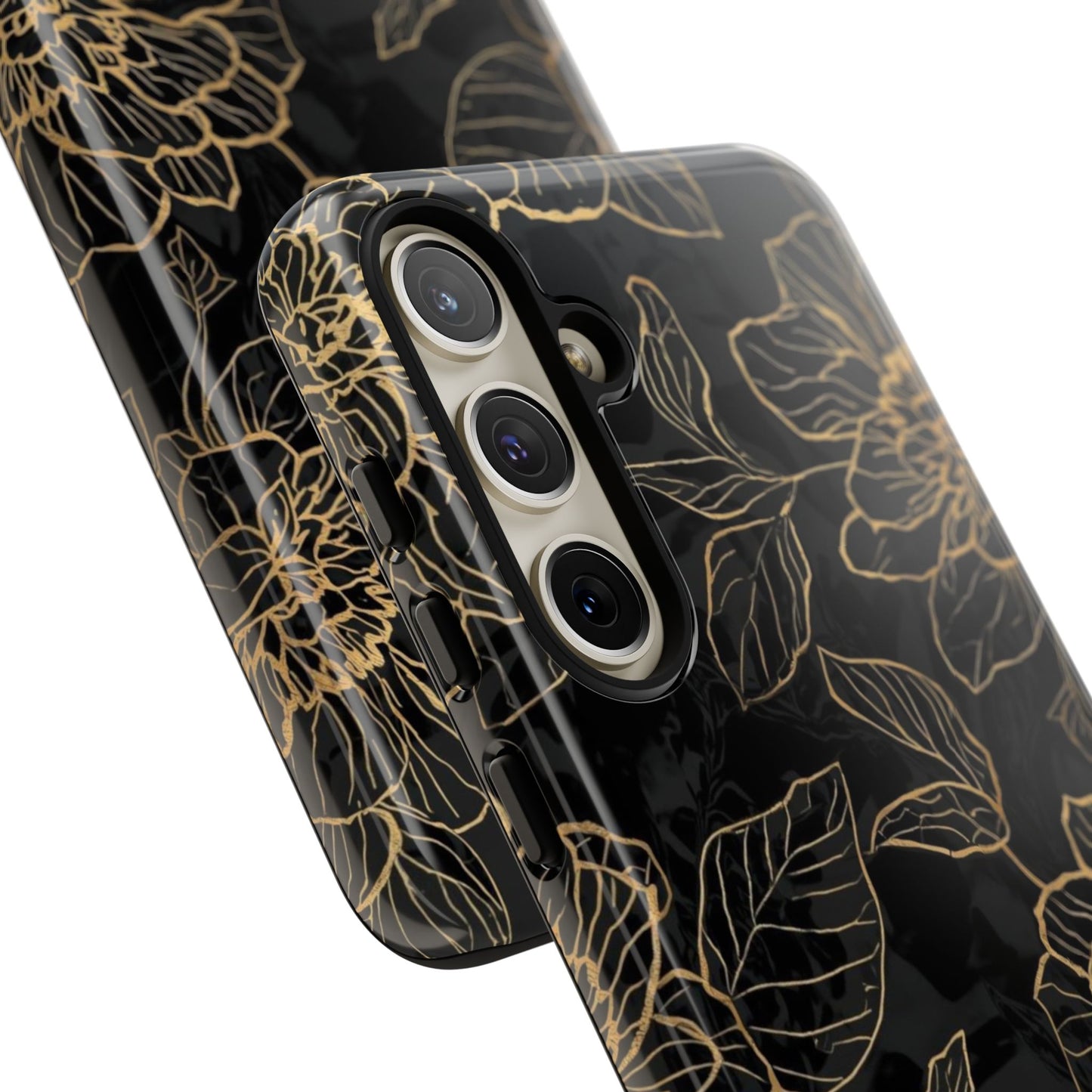 Floral Gold Outline Tough Phone Case – Black Botanical Protective Cover